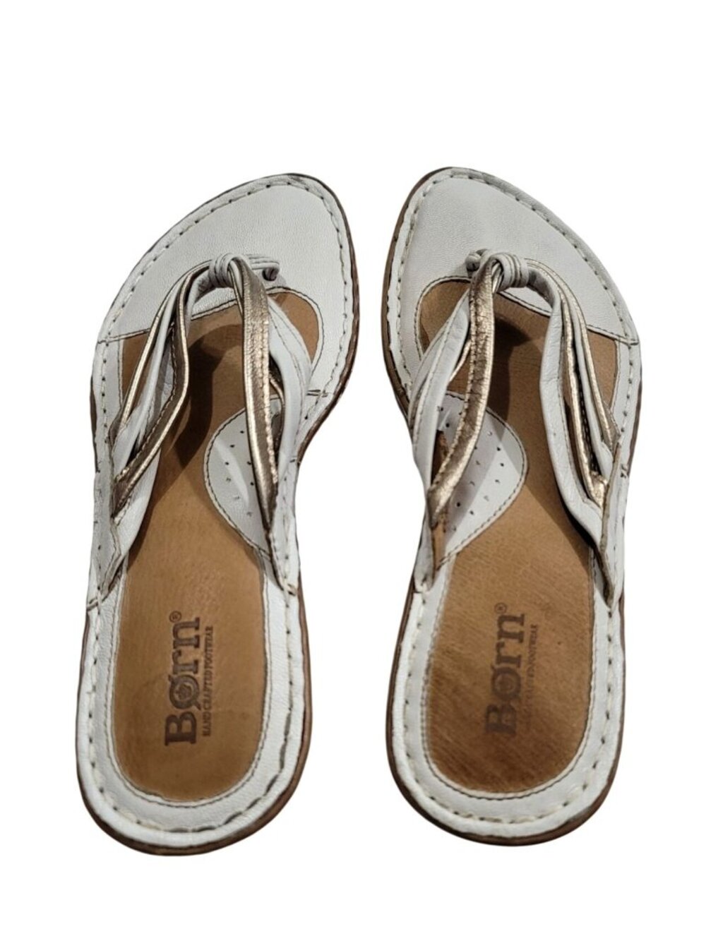 Born Womens Leather Thong Sandals Size 7 White Metallic Gold